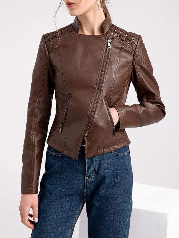 xakxx Long Sleeves Split-Joint Zipper Mock Neck PU Jackets Outerwear