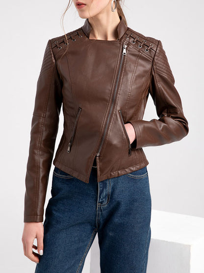 xakxx Long Sleeves Split-Joint Zipper Mock Neck PU Jackets Outerwear