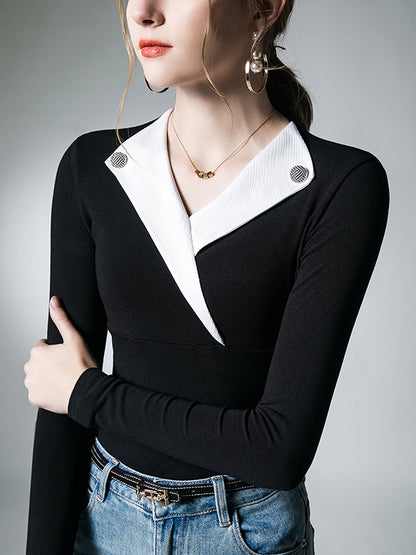 xakxx Long Sleeves Skinny Asymmetric Buttoned V-Neck T-Shirts Tops
