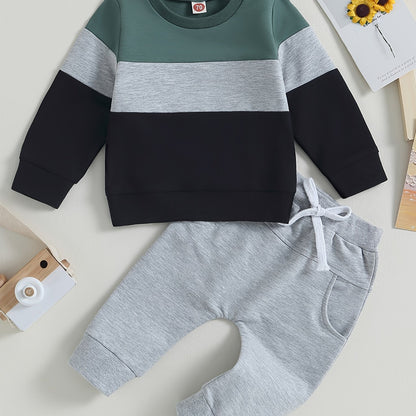 Baby Boys Spring 2 Piece Outfits Contrast Color Long Sleeve Sweatshirt and Elastic Pants for Toddler Fall Clothes