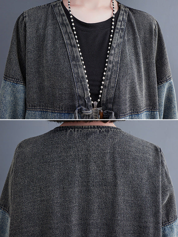 xakxx Artistic Retro Denim Long Sleeves Loose Tied Split-Joint Trench Outerwear