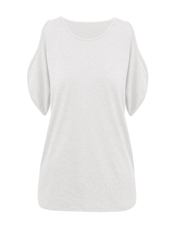 xakxx Loose Short Sleeves Hollow Solid Color Cold Shoulder T-Shirts Tops