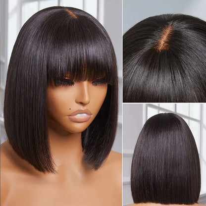 Straight Bob Wig with Bangs Bone Remy Human Hair Wigs for Women Brazilian Hair Straight Full Lace Wigs Bob Fringe Wig