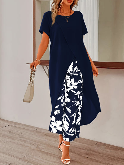 Womens Elegant Pants Set - Stylish Solid Color with Asymmetrical Hem Design, Comfortable Crew Neck Short Sleeve Top, Vibrant Floral Print Pants - Perfect for Spring and Summer Seasons, Complete Outfits for a Stylish Ensemble