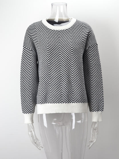 xakxx Long Sleeves Loose Striped Round-Neck Knitwear Pullovers Sweater Tops