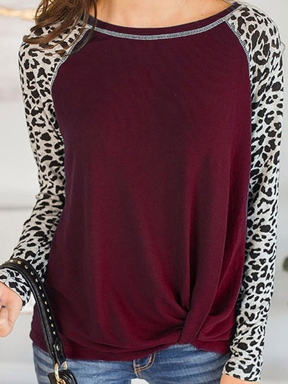 xakxx Long Sleeves Loose Knot Leopard Split-Joint Round-Neck T-Shirts Tops