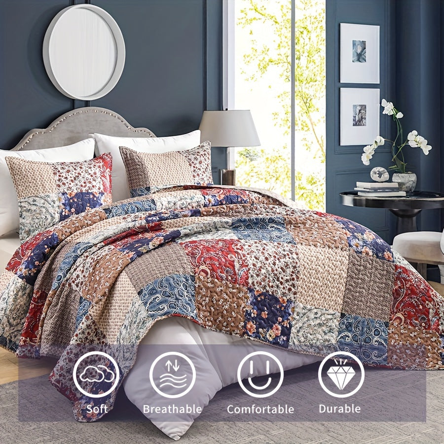 3-Piece Floral Block Checkered Pattern Bedspread Set - Double-Sided, Soft, Breathable, and Hypoallergenic Bedding for All Seasons - Includes 1 Bedspread and 2 Pillowcases (No Core)