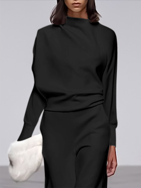 xakxx Long Sleeves Loose Solid Color Stand Collar T-Shirts Tops