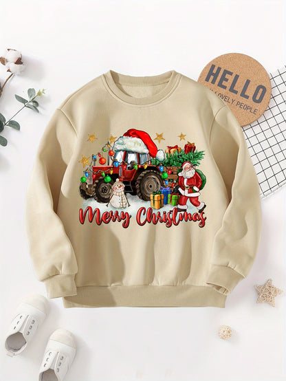 Boys' Cozy Fleece-Lined Christmas Sweatshirt with Festive Tractor Print - Casual Long Sleeve Pullover for Fall/Winter