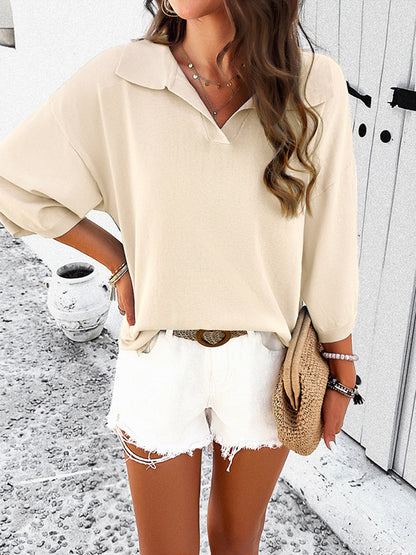 xakxx Loose Three-Quarter Sleeves Solid Color Split-Joint Lapel T-Shirts