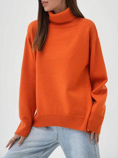 xakxx Long Sleeves Loose Solid Color High Neck Knitwear Pullovers Sweater Tops