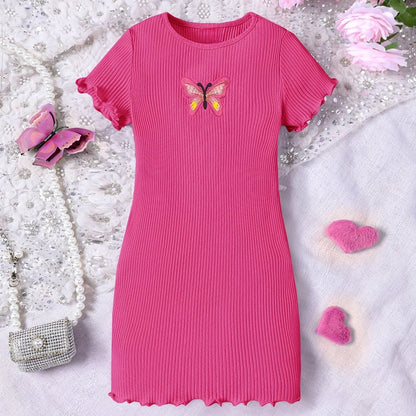 Butterfly Design Frill Trim Short Sleeve Bodycon Dress For Girls Summer Gift Holiday