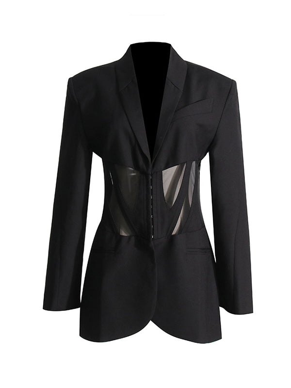 xakxx Long Sleeves Buckle Gauze See-Through Solid Color Split-Joint Notched Collar Blazer
