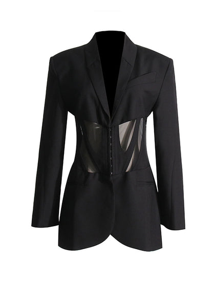 xakxx Long Sleeves Buckle Gauze See-Through Solid Color Split-Joint Notched Collar Blazer