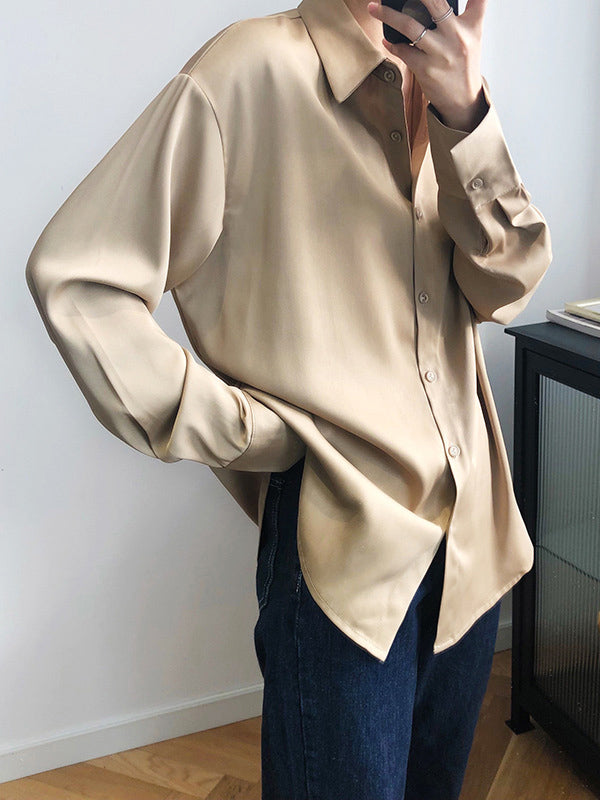 xakxx Simple Solid Color Satin Chiffon Long Sleeve Blouse