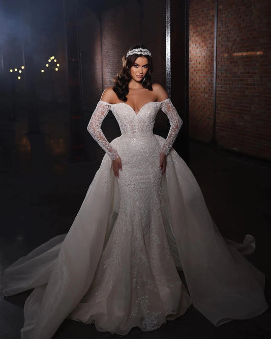 Chart Vintage Mermaid Wedding Dress With Overskirts Off Shoulder Fulllace Long Sleeves Wedding Dresses Bridal Gowns Beading Lacefull Robe De Mariage 0603