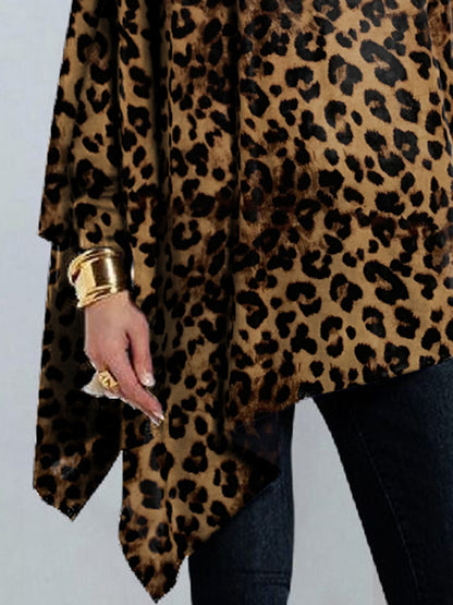 xakxx Long Sleeves Loose Leopard Printed High Neck T-Shirts