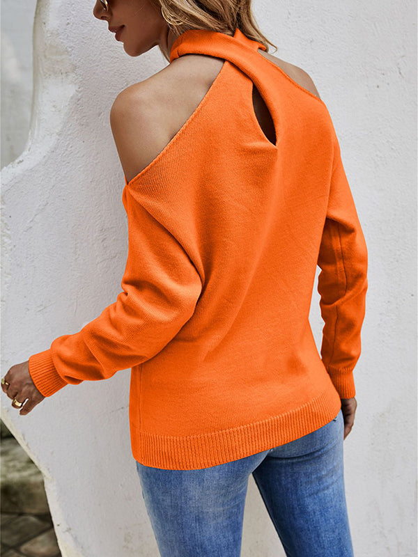 xakxx Casual Long Sleeves Solid Color Halter-Neck Sweater Tops