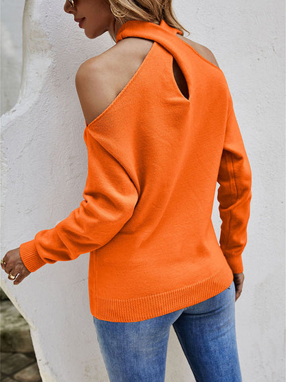 xakxx Casual Long Sleeves Solid Color Halter-Neck Sweater Tops