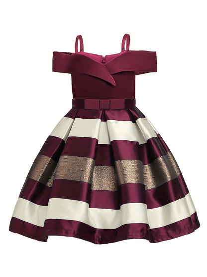Knee-High Off-the-Shoulder Color Block Pleated Princess Dress for Girls - Sleeveless, Flared Hem, Cotton Lined, Non-Stretch Polyester Fabric, Hand Wash Only - Perfect for Piano Performance, Wedding, Birthday Party, and Evening Occasions