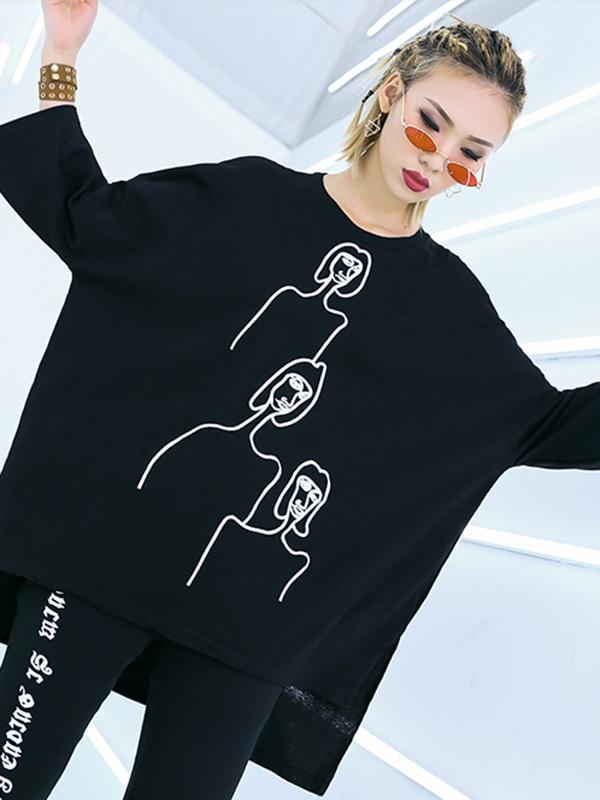 xakxx Embroidered Black&White Loose Round-Neck T-Shirt