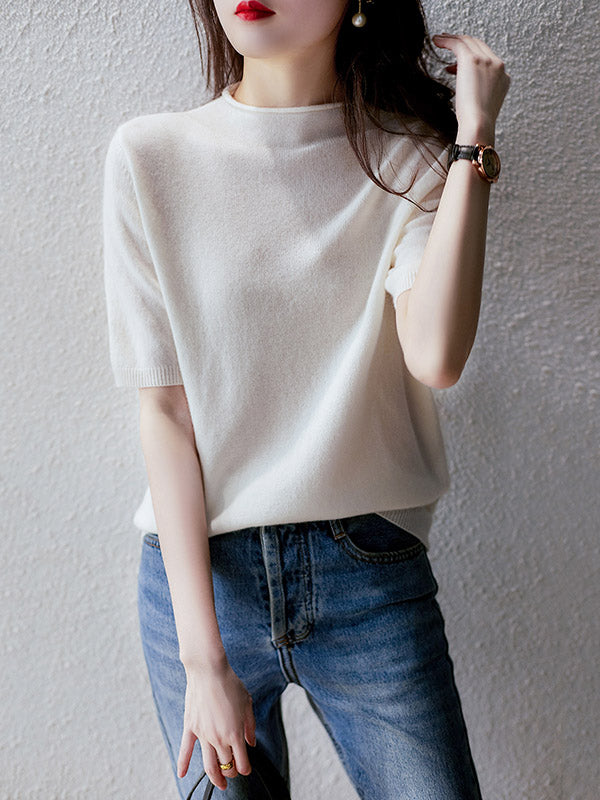 xakxx Simple Solid Color Round-Neck Short Sleeves Sweater