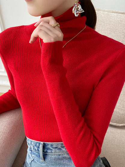 xakxx Simple Skinny Long Sleeves Solid Color Sweater Tops