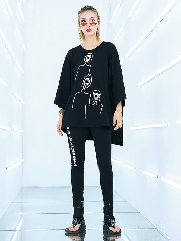 xakxx Embroidered Black&White Loose Round-Neck T-Shirt