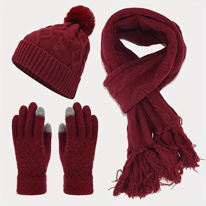 3pcs/set Stylish Twist Knit Winter Accessories - Cold Weather Scarves & Wraps - Soft Beanie, Touchscreen Gloves, and Tassel Scarf Combination for Autumn and Winter Seasons