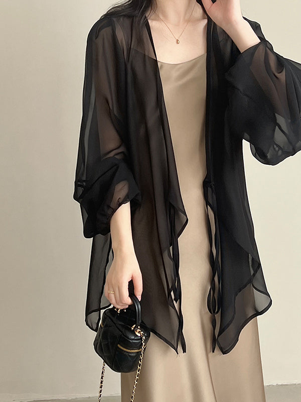 xakxx Bishop Sleeve Long Sleeves See-Through Split-Joint Tied Collarless Blouses&Shirts Tops