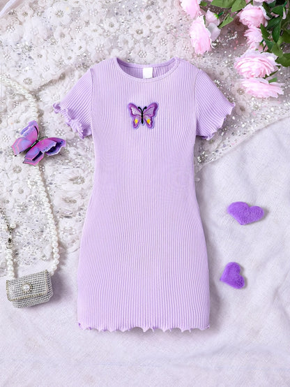 Butterfly Design Frill Trim Short Sleeve Bodycon Dress For Girls Summer Gift Holiday
