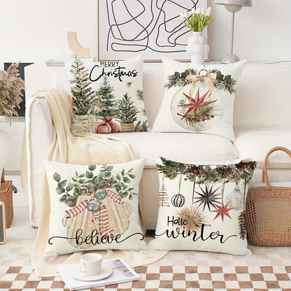 4pcs 18*18Inch Christmas Pillow Covers, Set of 4 Winter Farmhouse Throw Pillowcases for Couch Sofa Living Room Outdoor, Christmas Tree Reindeer Hello Winter Decor Without Pillow Inserts