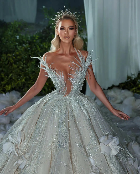 Luxury Ball Gown Wedding Dresses Deep V Neck Sleeveless Strapless Beads Applique Sequins 3D Lace Flowers Ruffles Sparkly Plus Size Formal Bridal Gowns Custom Made