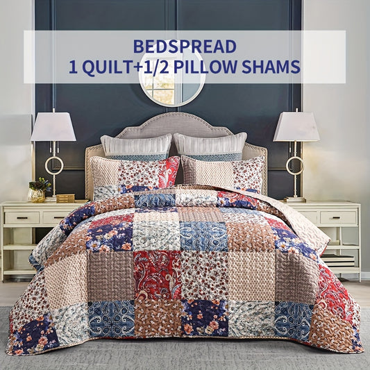 3-Piece Floral Block Checkered Pattern Bedspread Set - Double-Sided, Soft, Breathable, and Hypoallergenic Bedding for All Seasons - Includes 1 Bedspread and 2 Pillowcases (No Core)