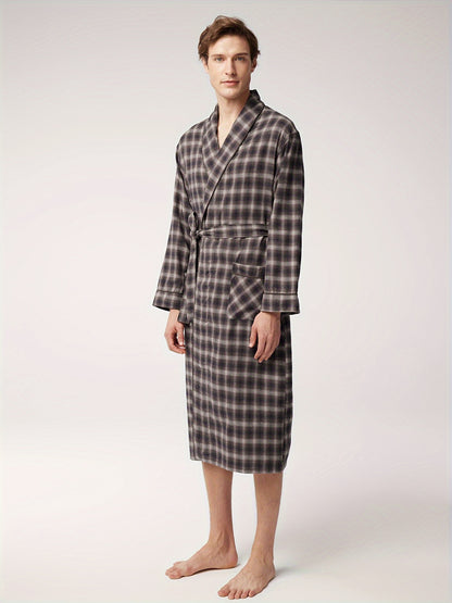 SIORO Mens Robe Flannel Cotton Plaid Bathrobe Soft Shawl Collar Loungewear