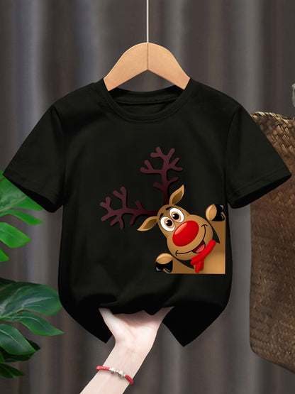 Boys' Summer Fashion T-Shirt with Cute Reindeer Print - Casual Short Sleeve, Polyester, Christmas Theme