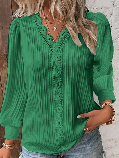 xakxx Long Sleeves Loose Hollow Solid Color V-Neck T-Shirts