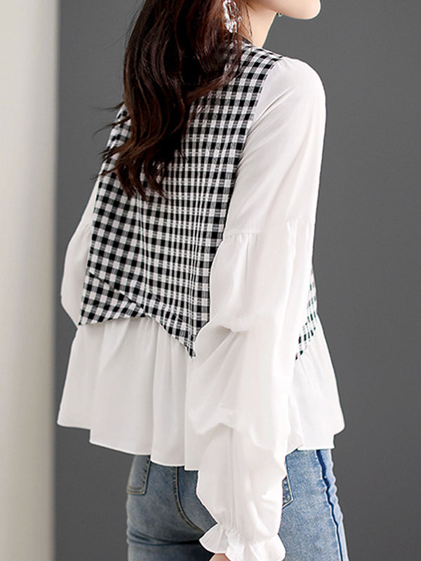xakxx Long Sleeves Loose Elasticity Plaid Split-Joint Round-Neck T-Shirts Tops
