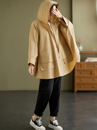 xakxx Loose Solid Color Buttoned Hooded Long Sleeves Trench Coat