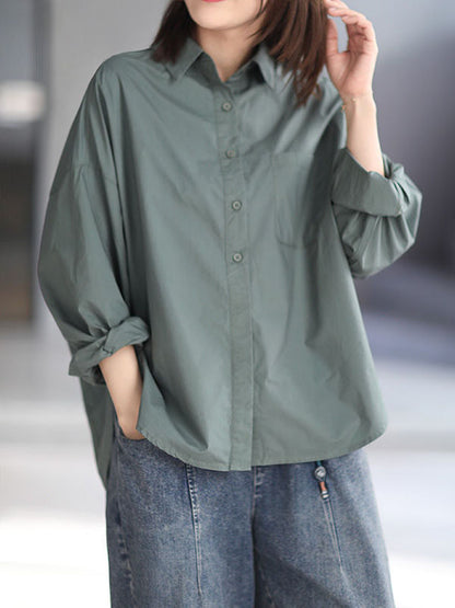 xakxx High-Low Long Sleeves Solid Color Lapel Blouses&Shirts Tops