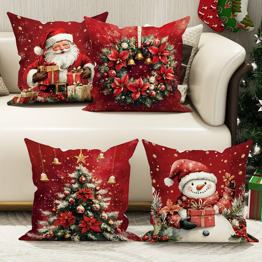 4pcs Set Christmas Velvet Throw Pillow Covers - Santa, Snowman & Tree Designs | Soft & Cozy Red & Green Decorative Cushion Cases for Living Room & Bedroom | 18x18 Inches | Zip Closure