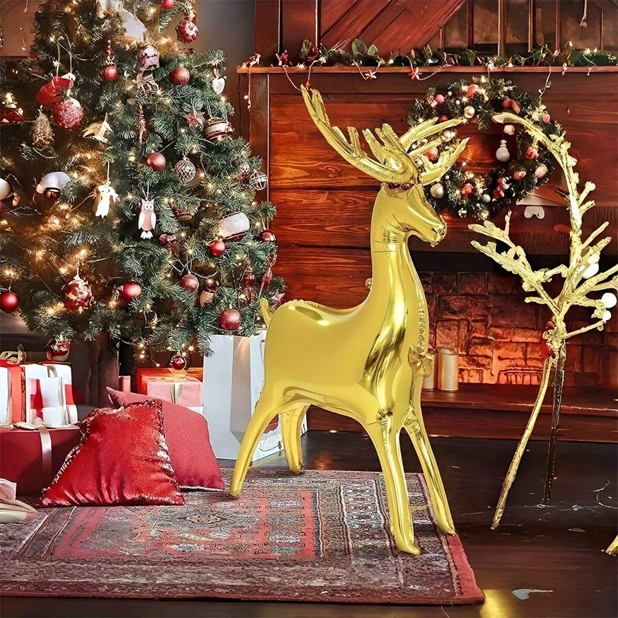 1pc Golden Foil Reindeer Balloon, Large Christmas Party Balloon, Festive Winter Theme Birthday Decor, Christmas New Year Garden Decoration, Aluminum Film, No Power Required, Home Kitchen Party Supplies