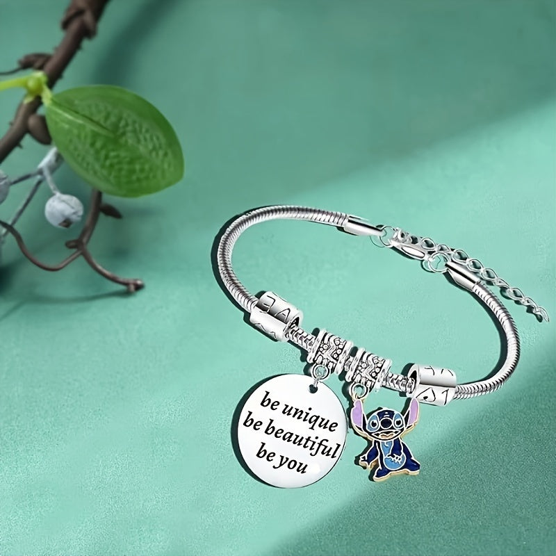 1 Pc Adorable Disney Stitch Heart-Shaped Pendant Bracelet Jewelry - Women's Fashion Accessory with Adjustable Chain, Cute Cartoon Character Design, Ideal Gift for Ladies, Teens, and Girls
