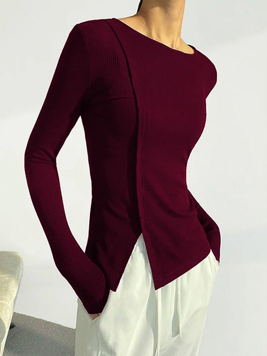 xakxx Skinny Solid Color Split-Joint Split-side Round-neck T-shirts