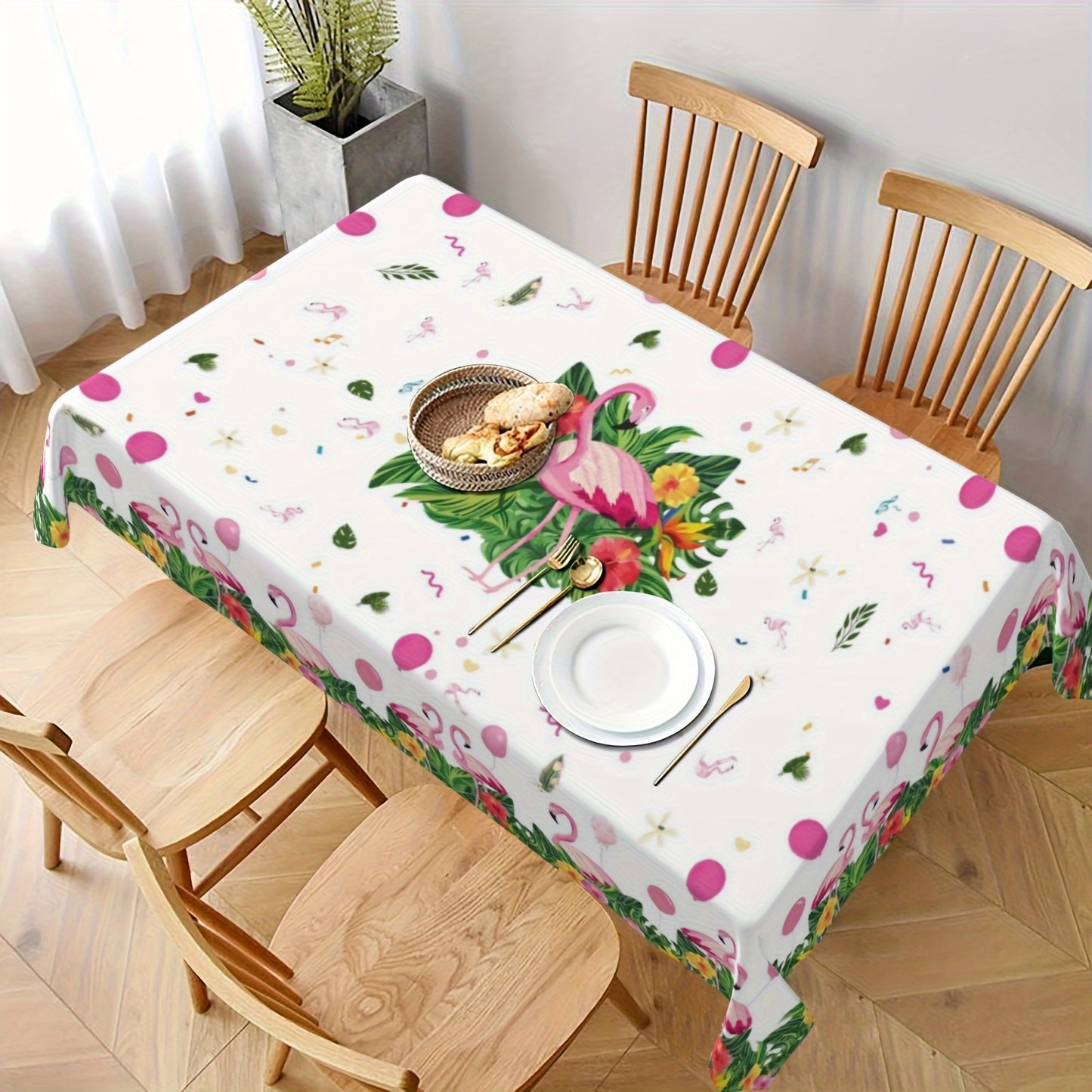 1pc Vibrant Summer Flamingo Polyester Tablecloth - Tropical Plants Pattern Table Cover for Home, Kitchen, Dining, Party Decoration - Stain, Wrinkle-Free, Easy Care, and Durable Tablecloth for Gift or Personal Use
