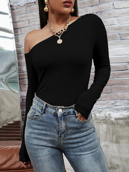 xakxx Long Sleeves Skinny Solid Color One-Shoulder T-Shirts Tops