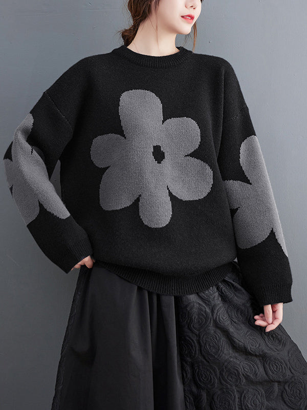 xakxx Casual Loose Long Sleeves Contrast Color Jacquard Round-Neck Sweater Tops