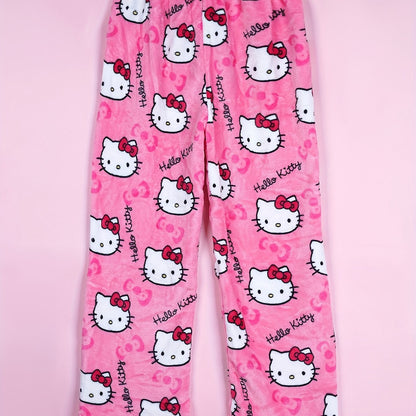 Hello Kitty Flannel Pajama Set for Women - Soft, Warm, White Anime Cartoon Print Lounge Pants - Autumn Fashion Gift Idea