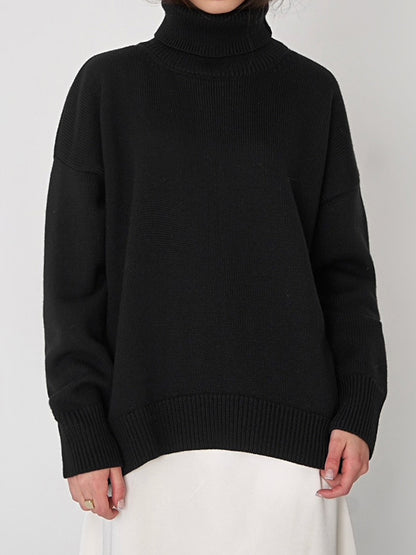 xakxx Long Sleeves Loose Solid Color High Neck Knitwear Pullovers Sweater Tops