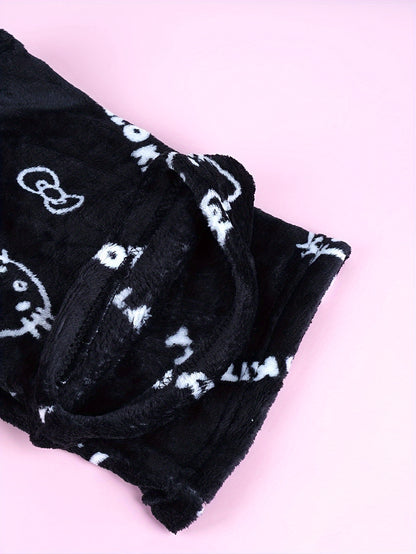 Hello Kitty Flannel Pajama Set for Women - Soft, Warm, White Anime Cartoon Print Lounge Pants - Autumn Fashion Gift Idea